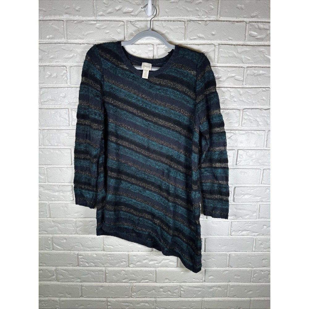 Chicos‎ Metallic Asymmetrical Hem Lightweight Sweater Teal Navy Gold Size 2